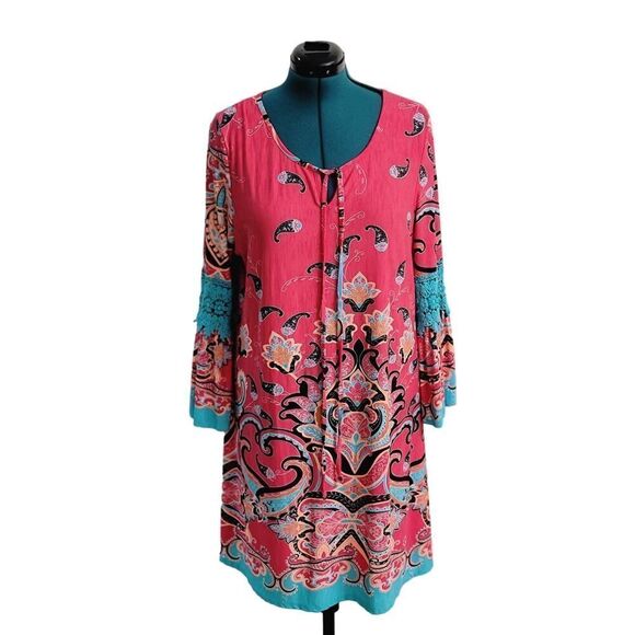 Honeyme Curvy Boho Paisley Pink Midi Dress Front Tie Floral Lace Beach Size XXXL - Picture 1 of 7